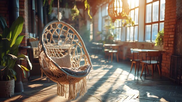 Stylish Macrame Swing in a Boho Cafe Escape Generative AI