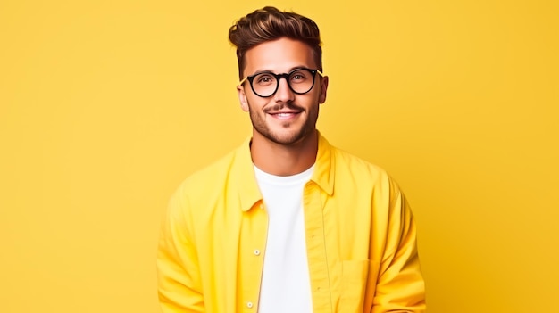 Stylish male fashion designer wearing color change coat on pale yellow background