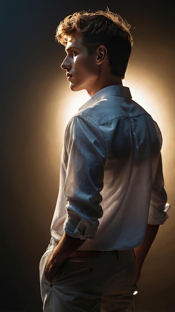 Photo a stylish male model stands confidently in a white linen shirt bathed in natural sunlight