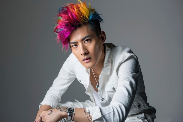 Stylish male model with rainbow hair posing in white jacket fashion portrait