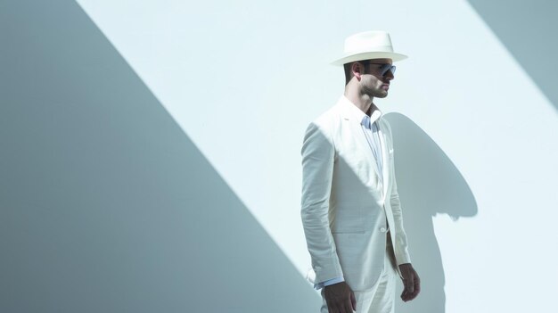 Photo a stylish man in allwhite attire and a fedora stands against a pristine white wall in the sunlight casting sharp shadows and exuding cool sophistication