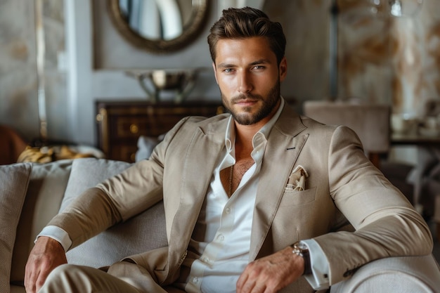 Stylish man in beige suit relaxing at home