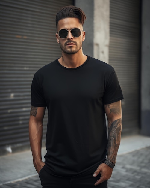 A stylish man in a black tshirt stands casually against a modern cityscape backdrop