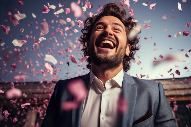 Stylish man celebrating an event with falling confetti on background