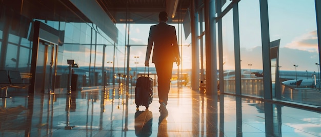 A stylish man confidently walks through the airport terminal with a suitcase