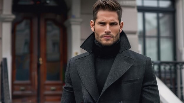 Stylish man in elegant coat outside a modern building