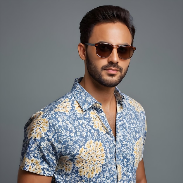 Stylish Man Model with Sunglasses and Casual Shirt on Gray Background