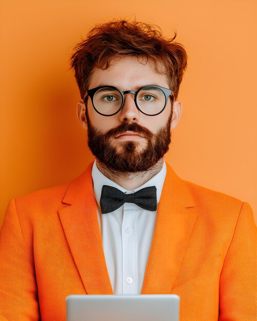 Stylish man in orange suit with laptop against vibrant background