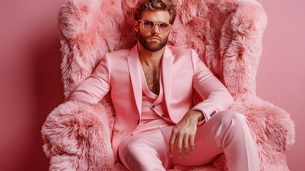 Photo stylish man in pink suit on pink fur chair