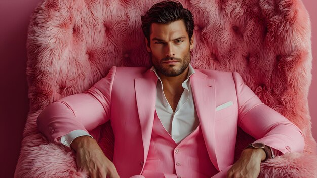 Photo stylish man in pink suit on pink fur chair