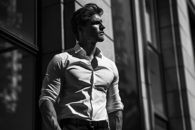 Photo stylish man posing outside modern building in black and white