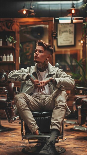 Photo stylish man sitting in a barbershop