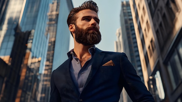 A Stylish Man in a Suit Looking Up at the Cityscape