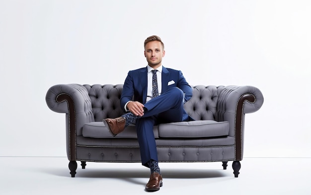 Stylish Man in Suit Sitting on Couch