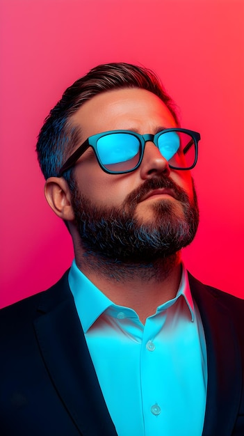 Stylish man in sunglasses against vibrant gradient backdrop