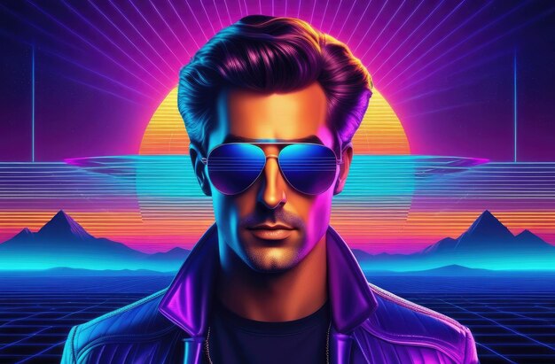 stylish man in sunglasses at sunset with 80s retro vibe 3D virtual reality landscape in 1980s style