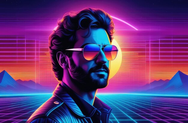 Photo stylish man in sunglasses at sunset with 80s retro vibe 3d virtual reality landscape in 1980s style