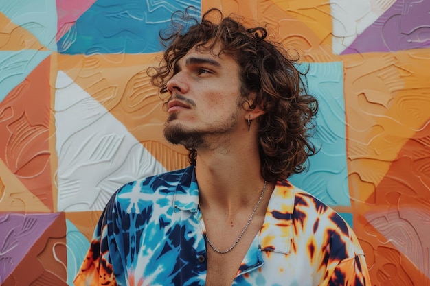 Stylish man in tie dye shirt against geometric backdrop