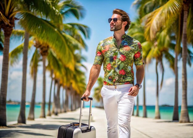 Photo stylish man in tropical outfit heading to the beach with luggage for vacation