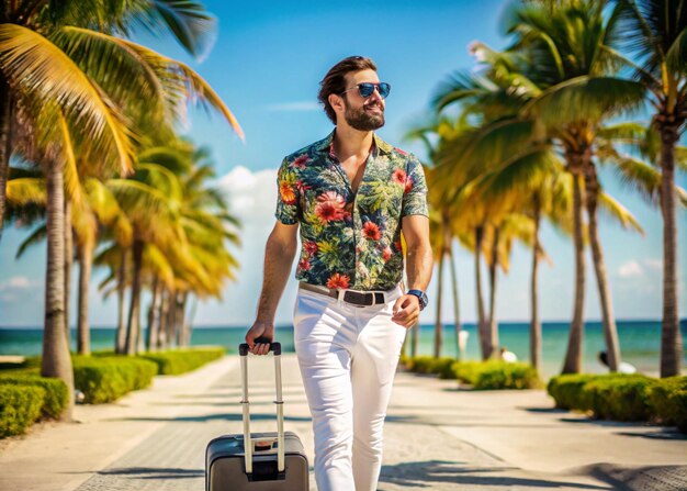 Photo stylish man in tropical outfit heading to the beach with luggage for vacation