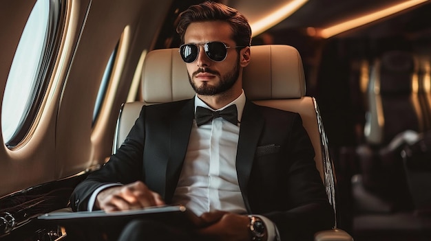 Photo a stylish man in a tuxedo sitting in a private jet