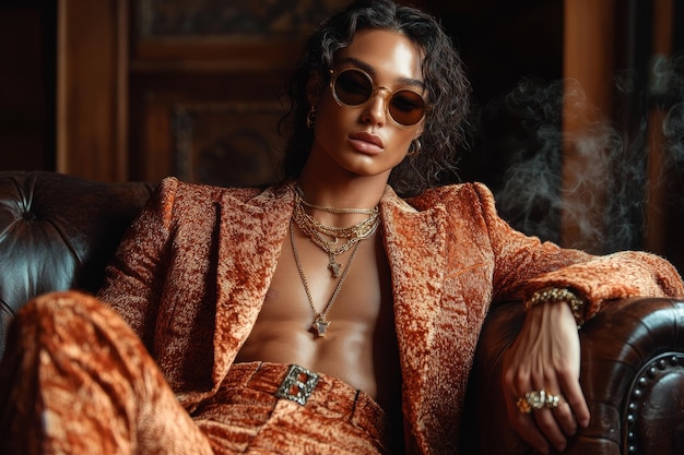 Stylish Man in Velvet Suit and Gold Chains Relaxing on Leather Sofa