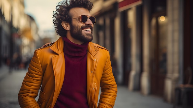 A stylish man in a vibrant yellow jacket and sunglasses exuding confidence and flair