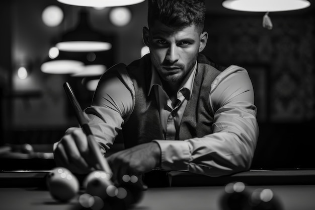 Photo stylish man in waistcoat poised at pool table in a monochrome classy billiards hall