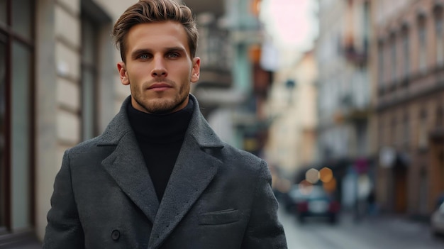 Stylish man walks down a narrow street in an urban setting