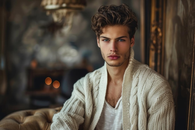 Photo stylish man in white cardigan showcases mens fashion and grooming