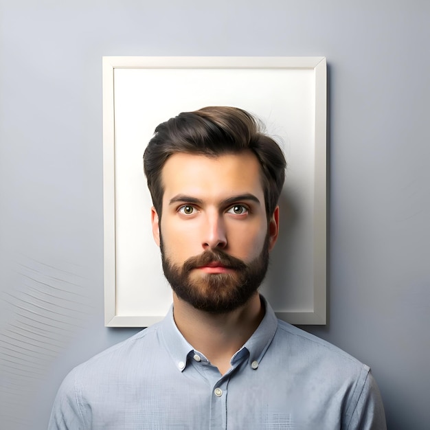 Photo a stylish man with a beard peeks out from behind a blank frame