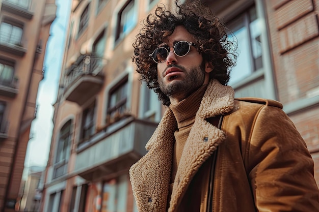 Stylish man with curly hair posing in an urban setting image