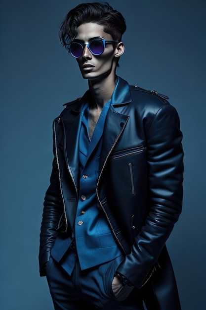 Stylish man with sunglasses and with blue details clothes Generative AI