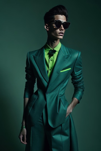 Stylish man with sunglasses and with green details clothes Generative AI