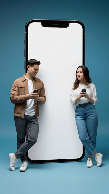 Stylish man and woman using phones and looking at each other standing near huge smartphone with wh