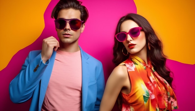 Stylish man and woman wearing sunglasses vibrant colours