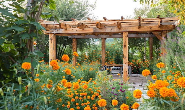 Stylish Marigold Garden with Wooden Pergola