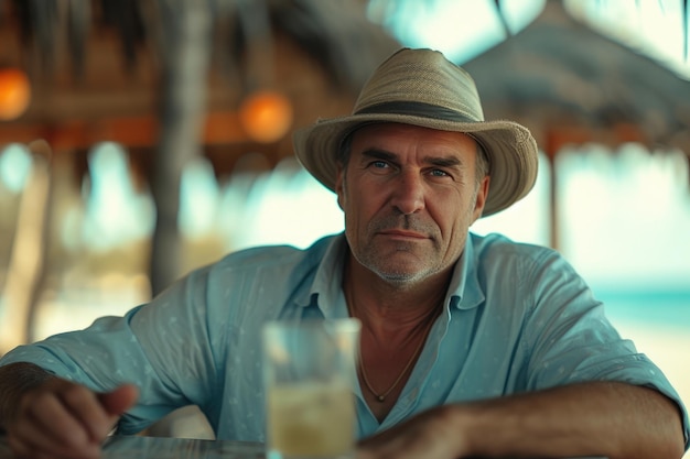 Stylish Mature Gentleman Enjoying Beachside Refreshment