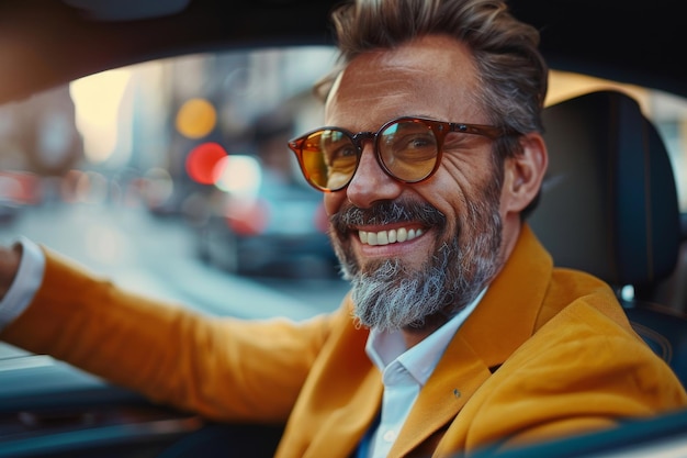 Stylish mature man in a trendy yellow jacket enjoying a ride in a modern car portrait of a cheerful