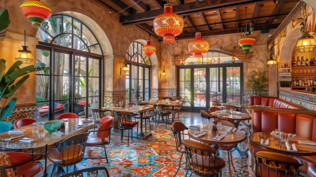 A stylish mediterranean restaurant features vibrant colorful chandeliers patterned tile floors and