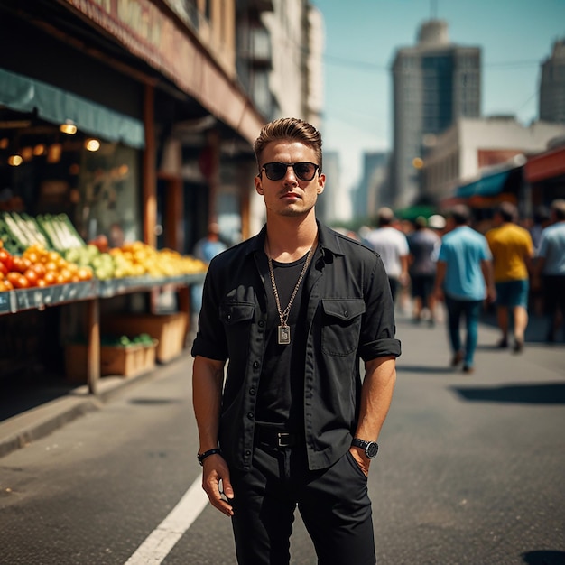 stylish men with black sunglasses on the road with a market background Focused Clear stylish