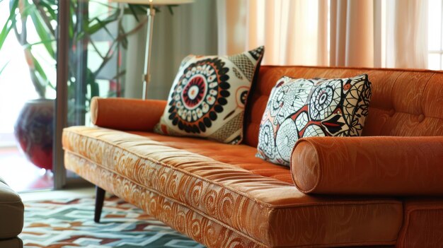 Stylish MidCentury Modern Living Room with Vibrant Orange Sofa and Decorative Pillows