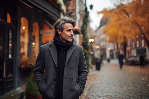 Photo stylish middleaged man wearing a charcoal pea coat confidently walking down a cobblestone street