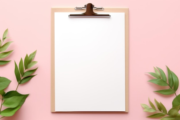 Stylish Minimal Composition with Clipboard and Green Leaves on a Pink Pastel Background AI Generated