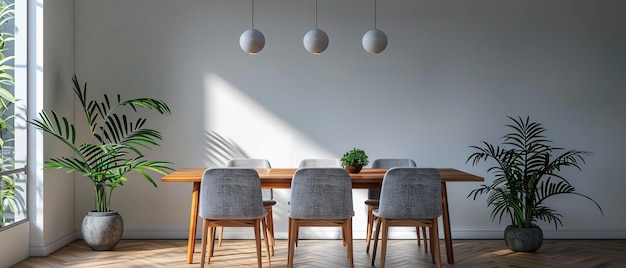 Photo stylish minimalist dining room with wooden table grey chairs and modern light fixture in contemporary setting