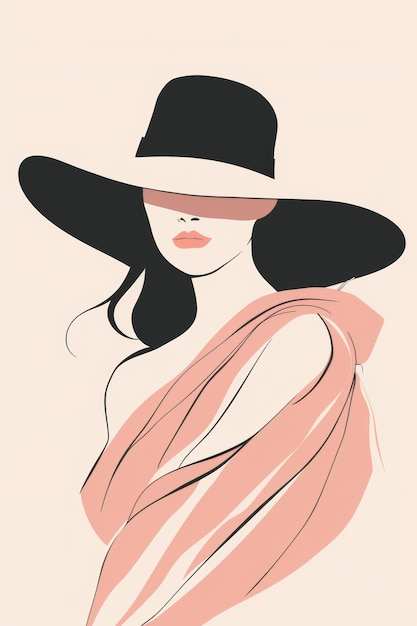 Photo stylish minimalist illustration of a woman in a widebrimmed hat with pastel colors and bold black accents