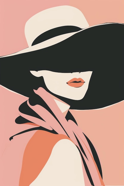 Photo stylish minimalist illustration of a woman in a widebrimmed hat with pastel colors and bold black accents