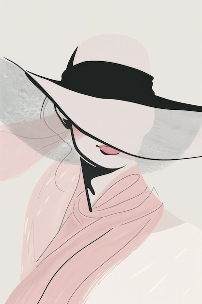 Photo stylish minimalist illustration of a woman in a widebrimmed hat with pastel colors and bold black accents