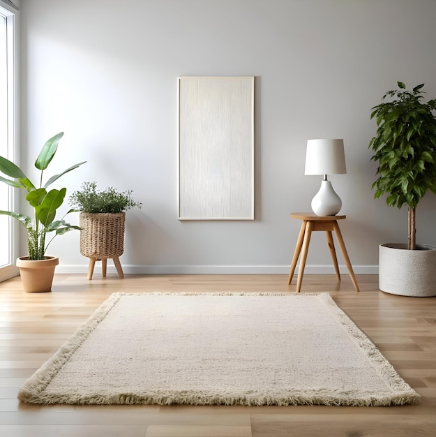 A stylish minimalist interior featuring a light beige rug with fringed edges a framed blank canvas a wooden side table and potted plants