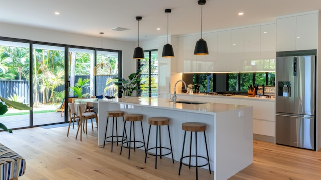 A stylish minimalist kitchen island with bar stools pendant lights and a few decorative items for a clean modern look